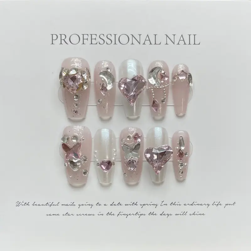 Wear Nail And Diamond Love Rosy Nail Art Light Luxury Full Diamond