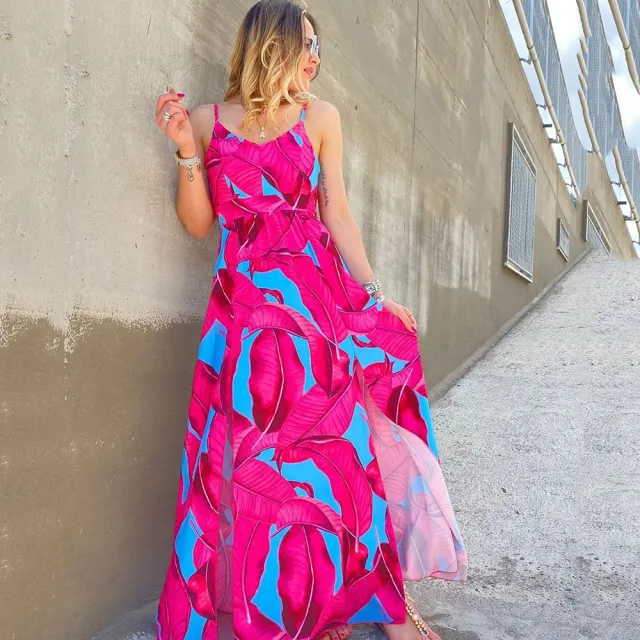 Fashion Printed Backless Spaghetti Straps Sleeveless Dress Red - Shop at LoveMi