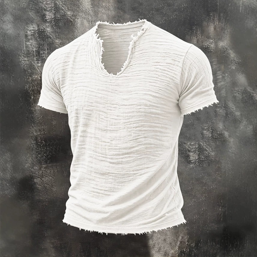 Retro Cotton-Linen T-Shirt With Feathered Hem And A Distinctive V-Neck Short Sleeves