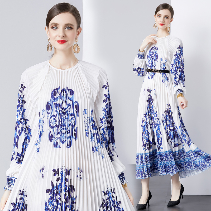 Women's Fashion Vintage Printed Round Neck Long Sleeve Dress - Image 2