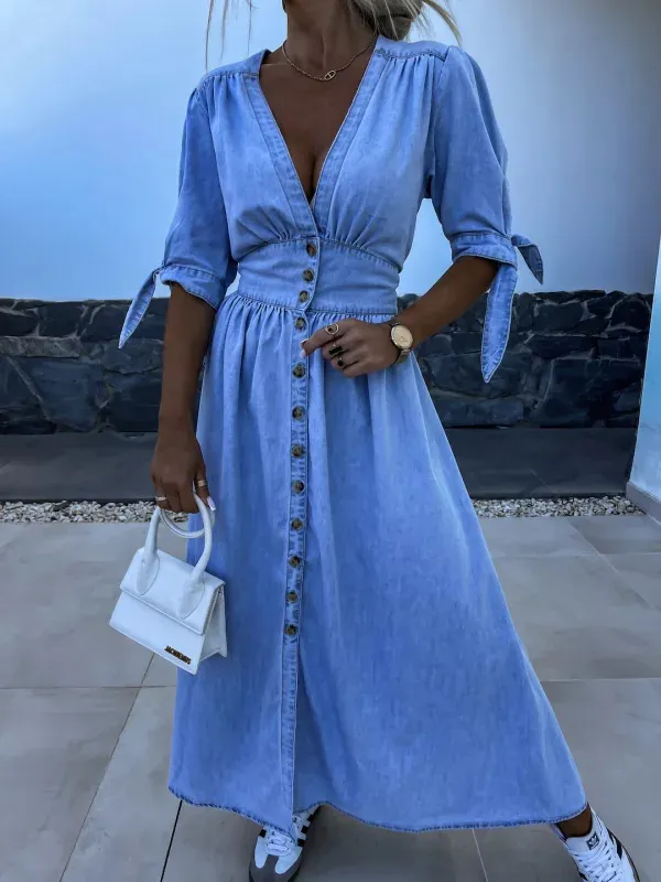 V neck Short Sleeve Loose Denim Long Button Dress Blue - Shop at LoveMi