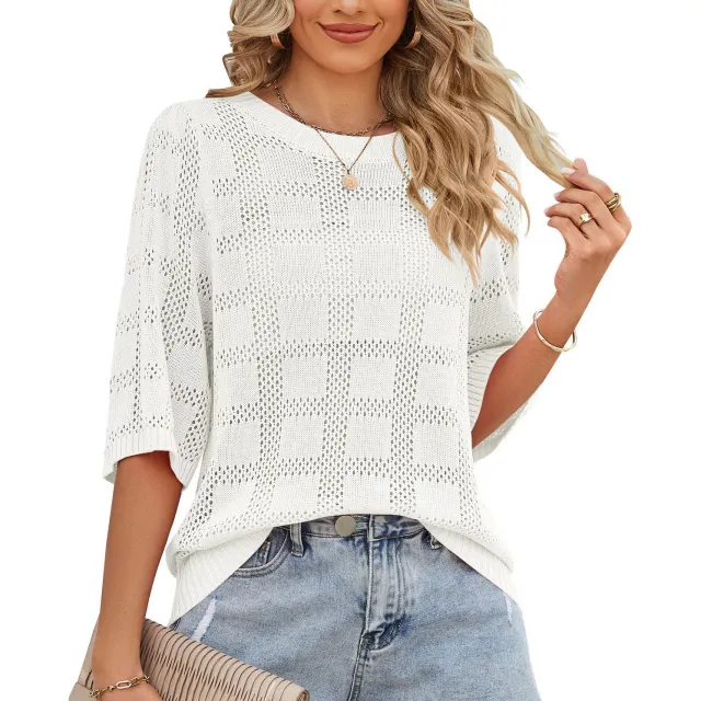 Women's Round Neck Hollowed Out Sun Protection Shirt Knitted Sweater Cover Up White - Shop at LoveMi