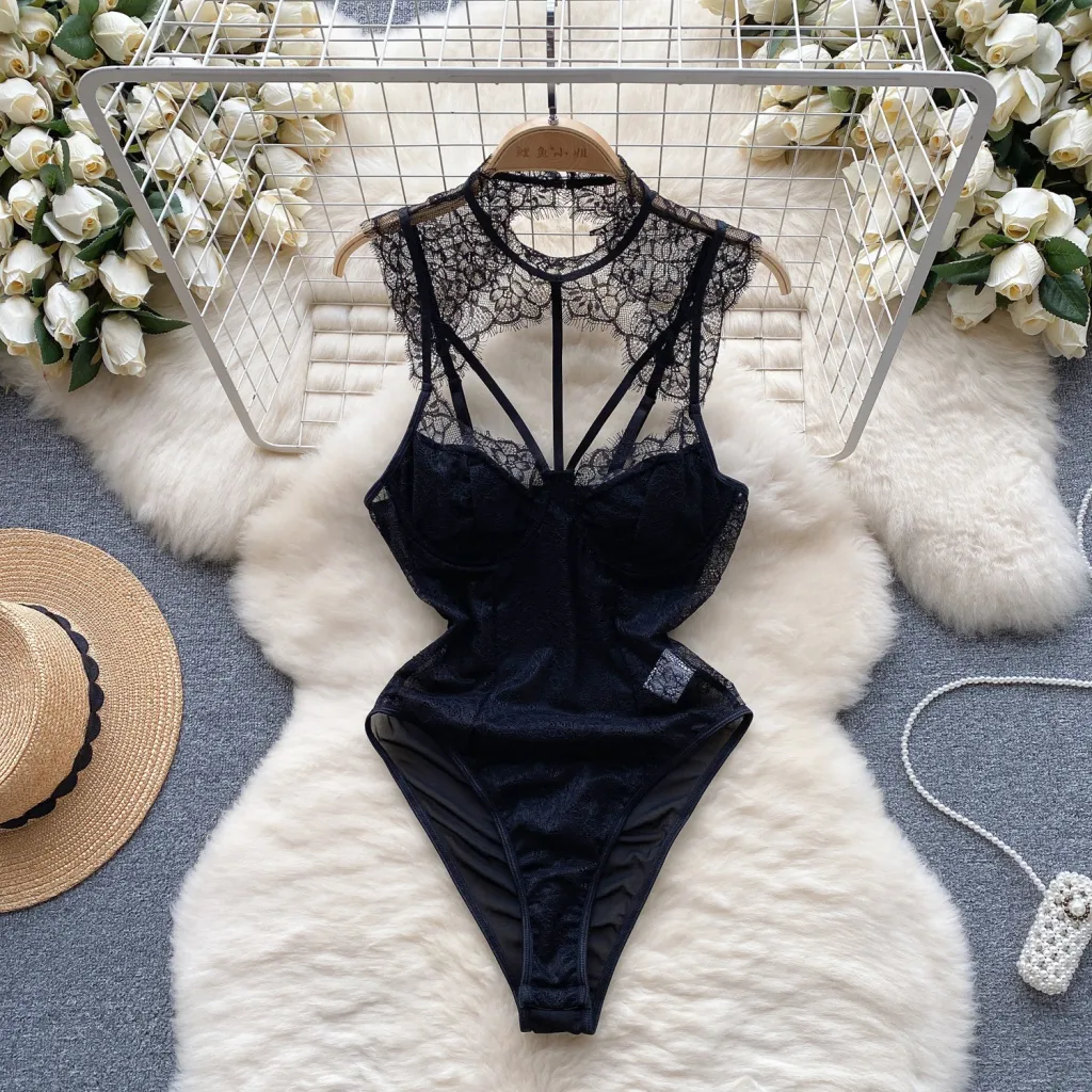 Autumn Lace Mesh Tight Design Retro Affordable Luxury Temperament Top Jumpsuit - Black