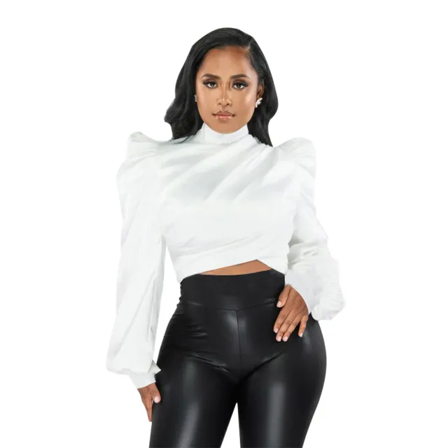 Women's Wear Puff Sleeve High Neck Short Artificial Silk Top White - Shop at LoveMi