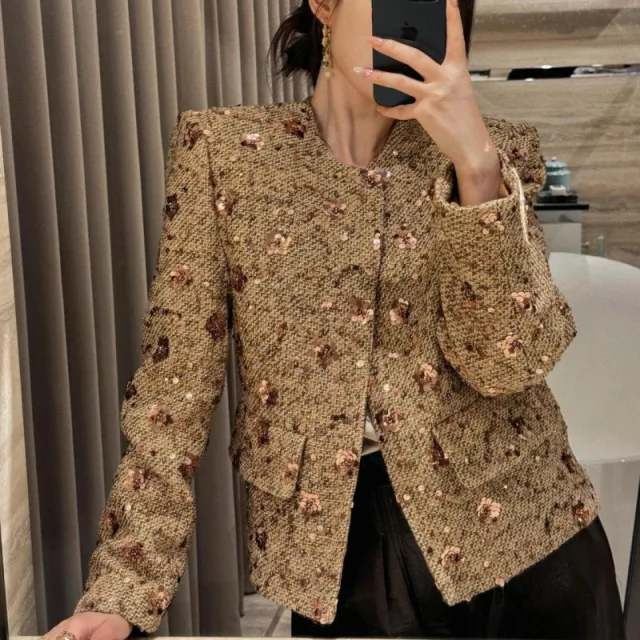 Gold Sequined Coat Tweed Padded Top Gold - Shop at LoveMi
