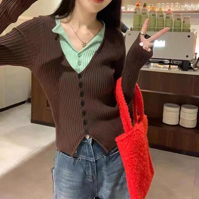 Contrast Color Knitwear Female Vintage Bottoming Shirt