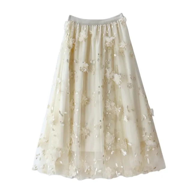 Mesh Embroidered Skirt Apricot - Shop at LoveMi