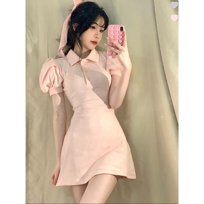 High-end Sophisticated Blue French-style Puff-sleeve Dress