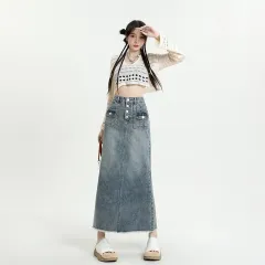 Women's Fur Edge Retro Denim Skirt - Nostalgia - View 1