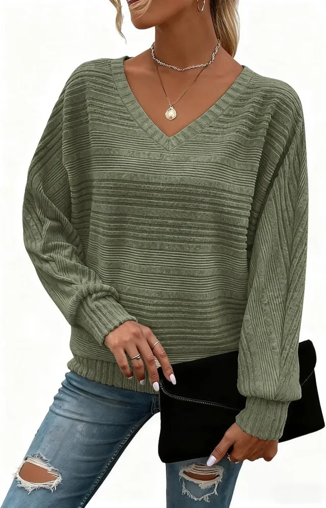Women's Long Sleeve Casual V Neck Pullover Sweater Green - Shop at LoveMi
