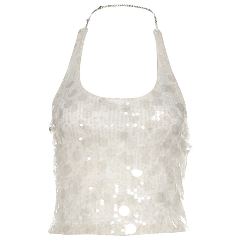 Solid Color Sleeveless Halter Sequins Cropped Tank Top White Vest - Shop at LoveMi
