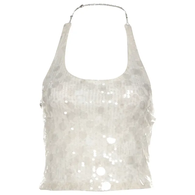 Solid Color Sleeveless Halter Sequins Cropped Tank Top White Vest - Shop at LoveMi