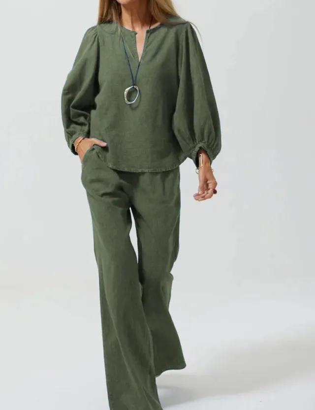 Womens Casual Long Sleeve Cotton Linen Top And Straight Leg Pants Two Piece Set Green - Shop at LoveMi
