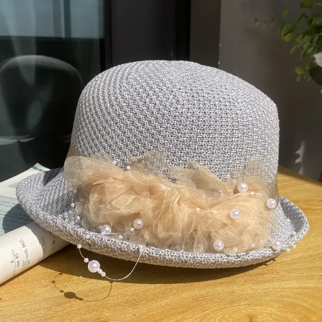 Curling Top All match Flower Knit Breathable Bucket Hat Gray - Shop at LoveMi