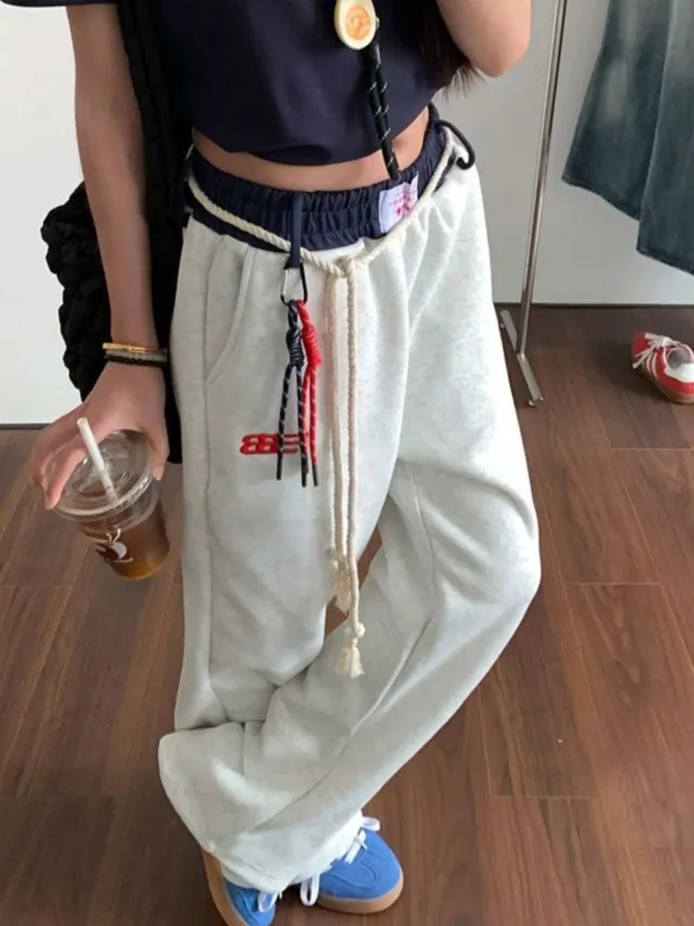 Retro Casual Pants Sweatpants For Women Autumn And Winter Light Gray Add Velvet - Shop at LoveMi
