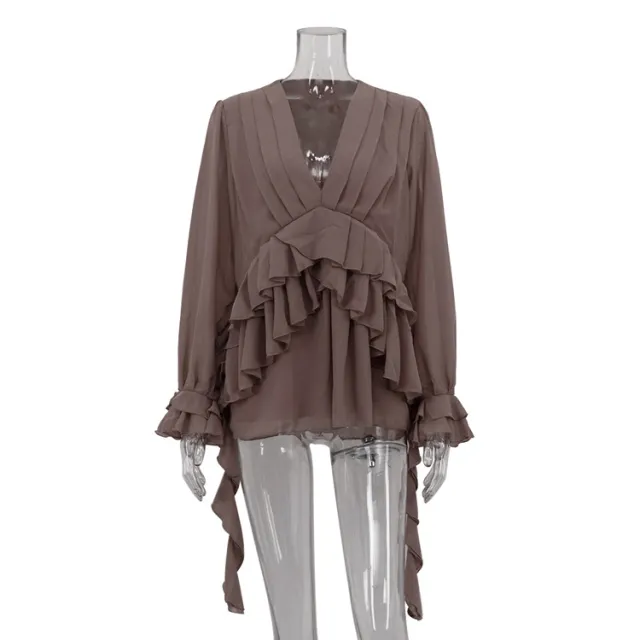 Chiffon V neck Long Sleeve Shirt Khaki - Shop at LoveMi