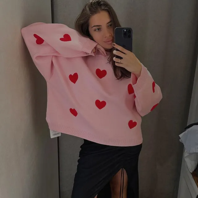 Cute Heart Shape Round Neck Autumn And Winter Loose Casual Top Sweater Pink Heart - Shop at LoveMi