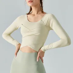 Yoga Clothes Long Sleeve Cross Pleated Workout Clothes Women's Tops - Coffee - View 1
