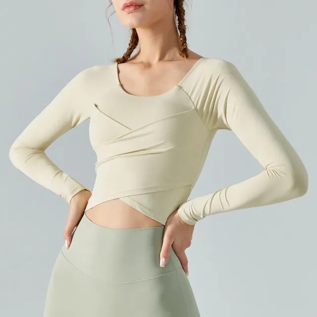 Yoga Clothes Long Sleeve Cross Pleated Workout Clothes Women's Tops White - Shop at LoveMi