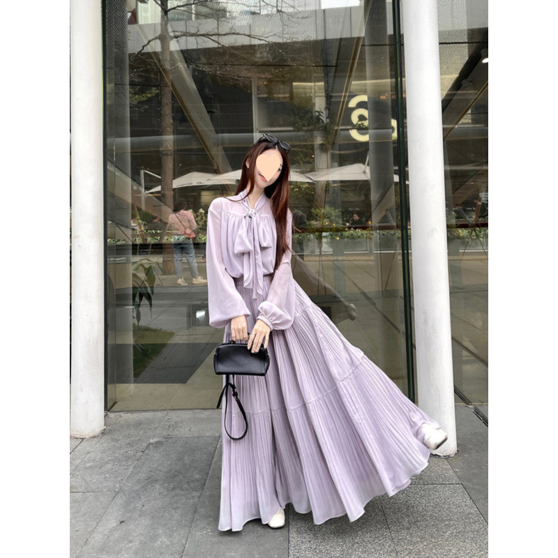 French Style Temperament Bow Long Sleeve Shirt High Waist Slimming Skirt