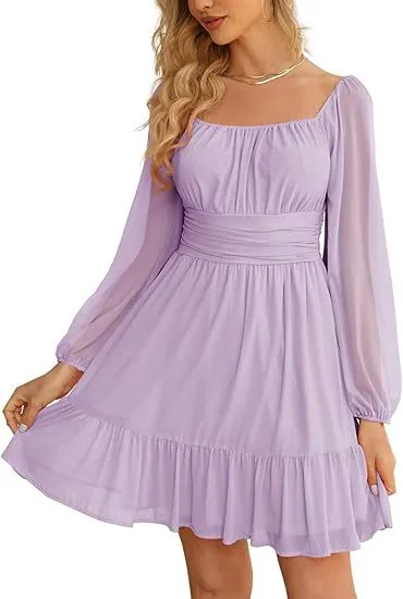 European And American Womens Mesh Long Sleeve Square Neck Dress Lavender - Shop at LoveMi