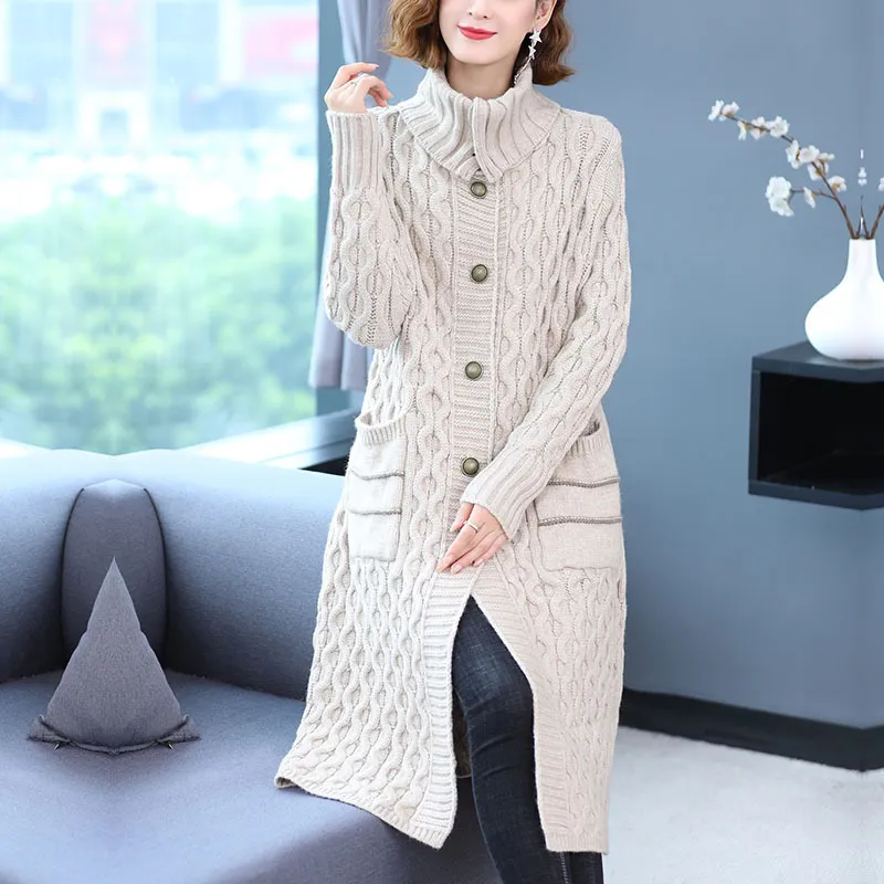 Thick Thread Sweater Coat Women's Mid-length - Beige