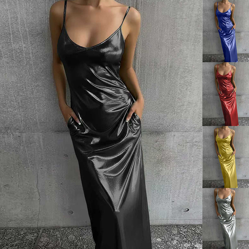 Textured Mirror-Finish Pocket Solid-Color Slip Dress With U-Neck For Women