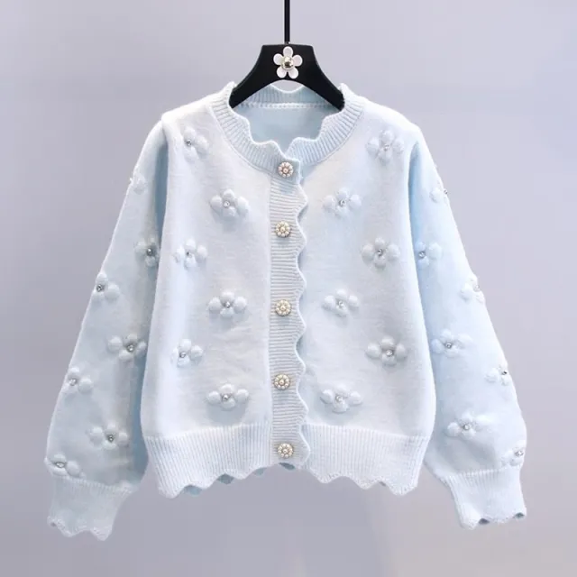 Three dimensional Beaded Small Flower Sweater Coat Japanese College Style Western Style Youthful looking Knitted Cardigan Azure Free Size - Shop at LoveMi
