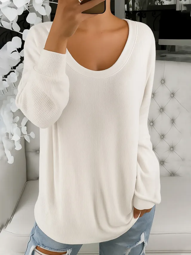 Casual Loose Solid Color Retro Round Neck Long Sleeve Sweater White - Shop at LoveMi