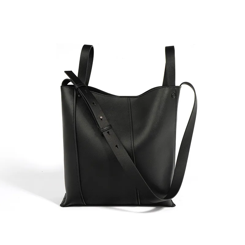 Bucket Bag Special-interest Design Cowhide Leather Single-shoulder Bag Fashion - Black