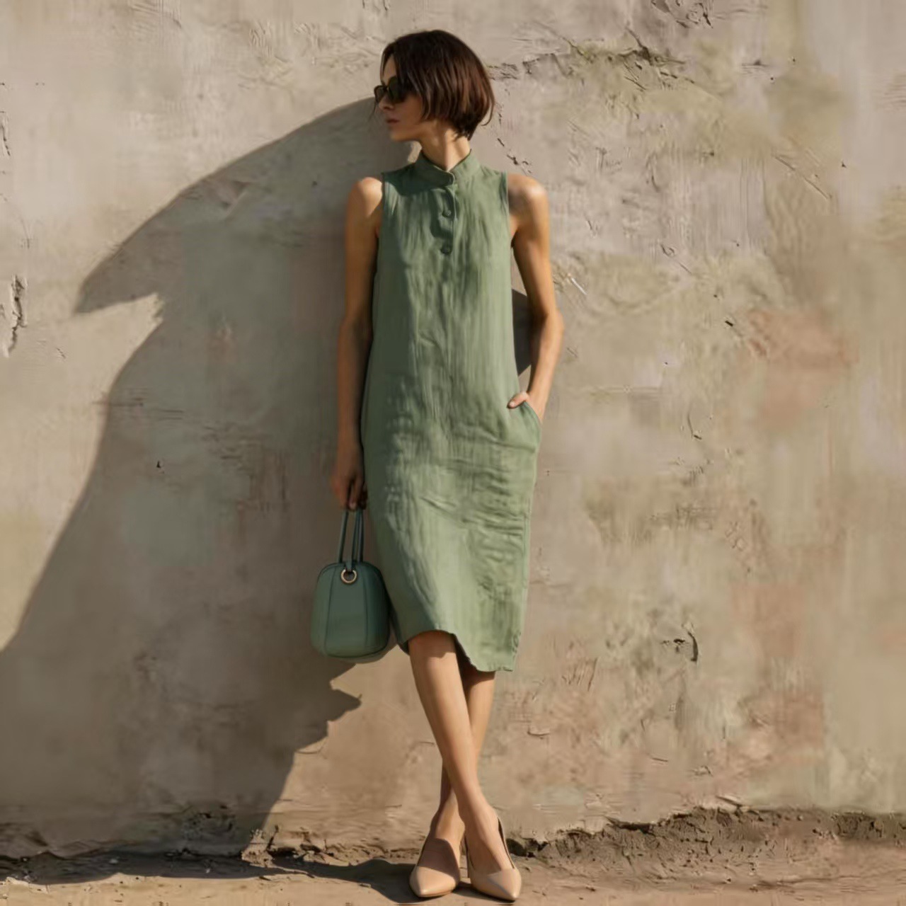 Women's Sleeveless A-Line Midi Dress in Matcha – solid color cotton linen casual dress