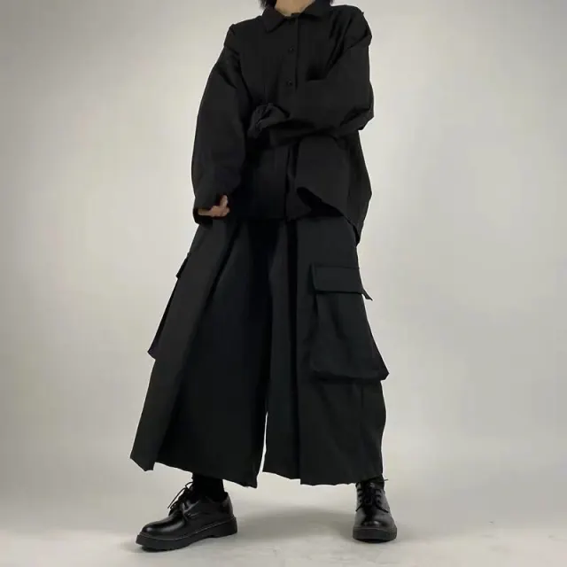 Large Swing Black Japanese Wide leg Pants Split Draping Cropped Tooling Large Pocket Black - Shop at LoveMi
