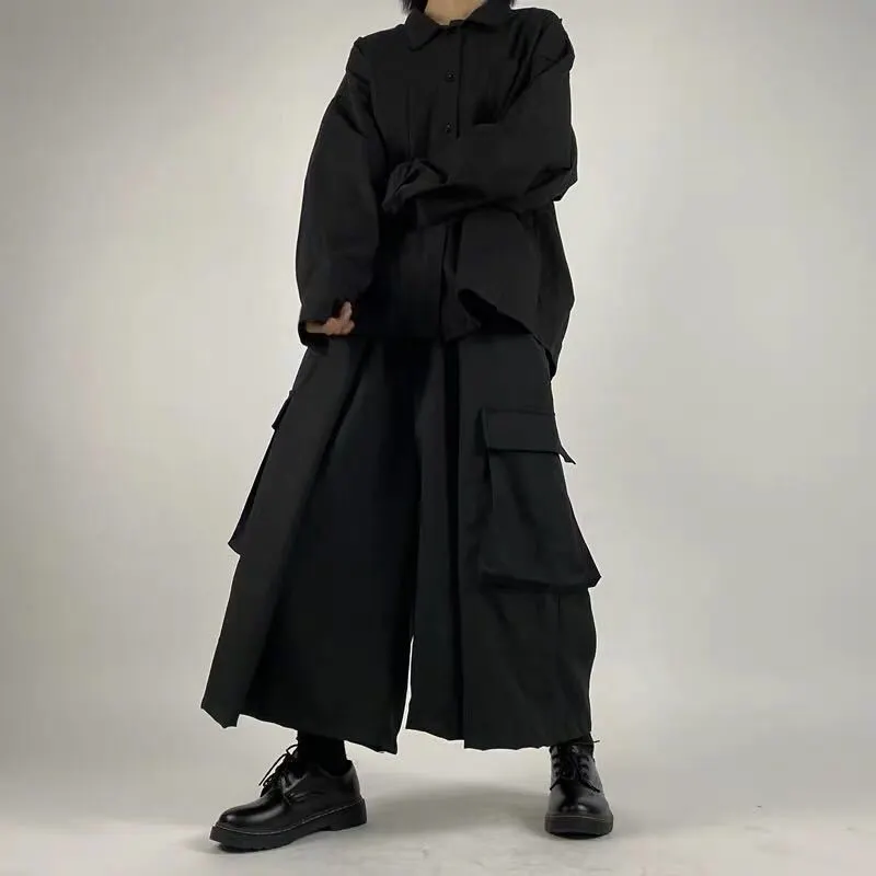 Large Swing Black Japanese Wide-leg Pants Split Draping Cropped Tooling Large Pocket - Black