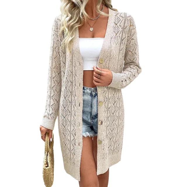Women's Casual Solid Color Hollow Cardigan Sweater Khaki - Shop at LoveMi