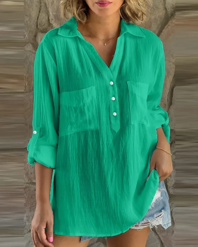 Solid Color Cotton And Linen Button Long Sleeve Casual Shirt Green - Shop at LoveMi
