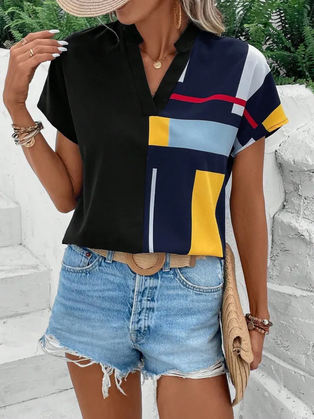 Casual Comfortable V neck Printed Loose fit Blouse Black - Shop at LoveMi