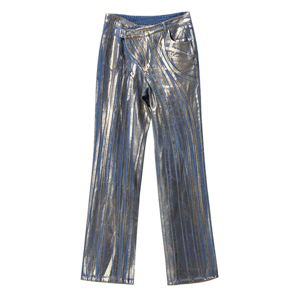Gilding Jeans Slant Buckle Waist Stitching Strip Brush Silver Powder Craft - Silver
