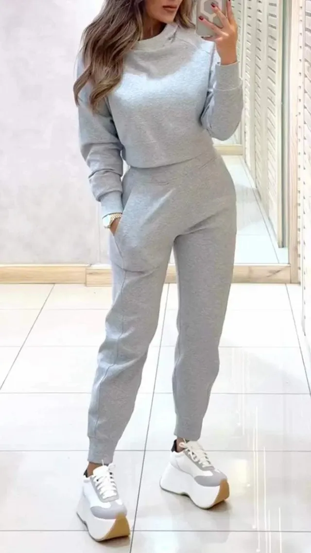 Autumn And Winter Ladies High Collar Slim Fit Long Sleeves Casual Suit Light Gray - Shop at LoveMi
