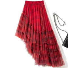Elastic Waist Asymmetric Layer Gauze Skirt Front Short Back Long Fishtail Skirt - Red - View 1