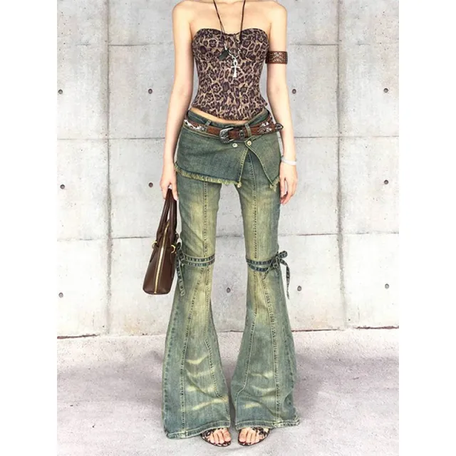 Womens Distressed Lace up Vintage style American Denim Jeans Blue - Shop at LoveMi