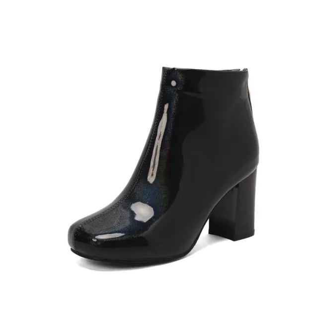 Women's Solid Color Ankle Boots Patent Leather High Heel Fashion Black - Shop at LoveMi