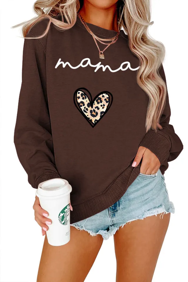 Leopard Print Heart Printing Plus Size Casual Simple Women's Long sleeved Fleese Brown Sweater - Shop at LoveMi