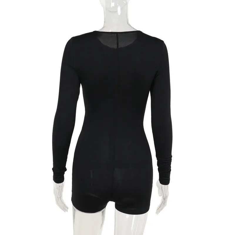 Slim-fit Waist-cinching Long-sleeved Bodysuit Shorts - Black