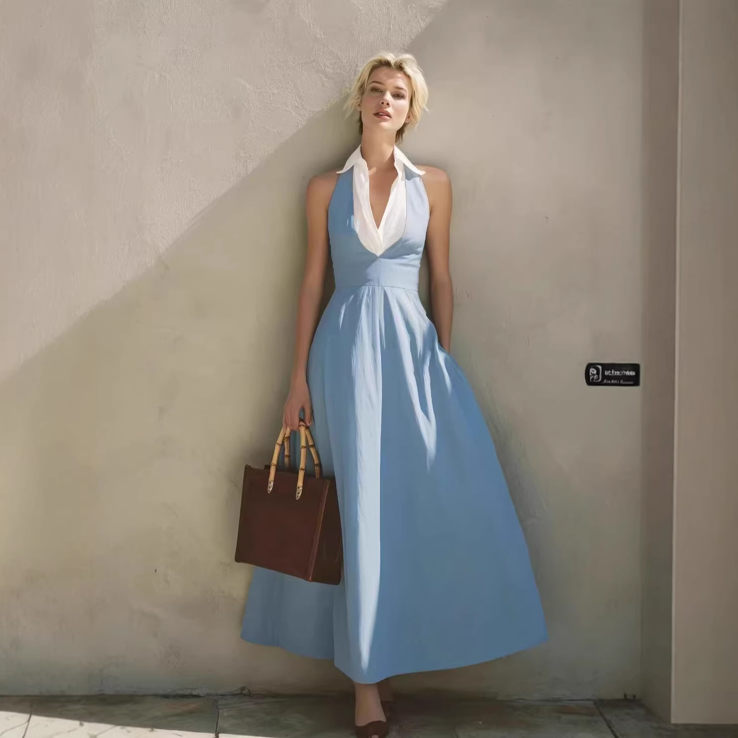 Light Blue Halter-neck Cinched-waist Long Dress