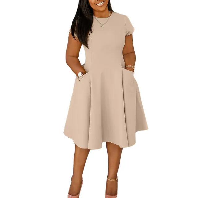 Arrival Casual A Line Midi Dress With Round Neck And Pockets Slim Fit Apricot - Shop at LoveMi
