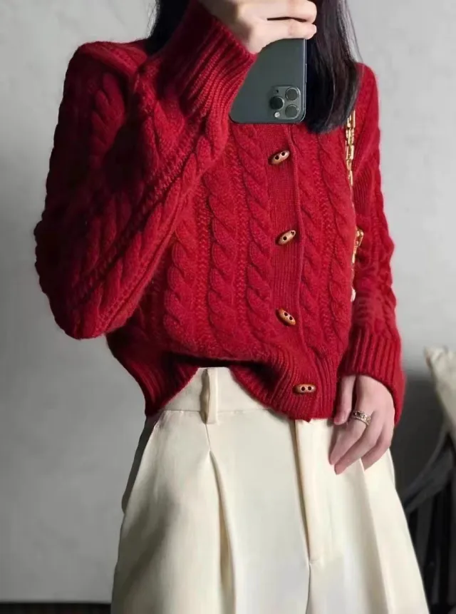 Women's Button Twist Cashmere Cardigan Sweater Red - Shop at LoveMi