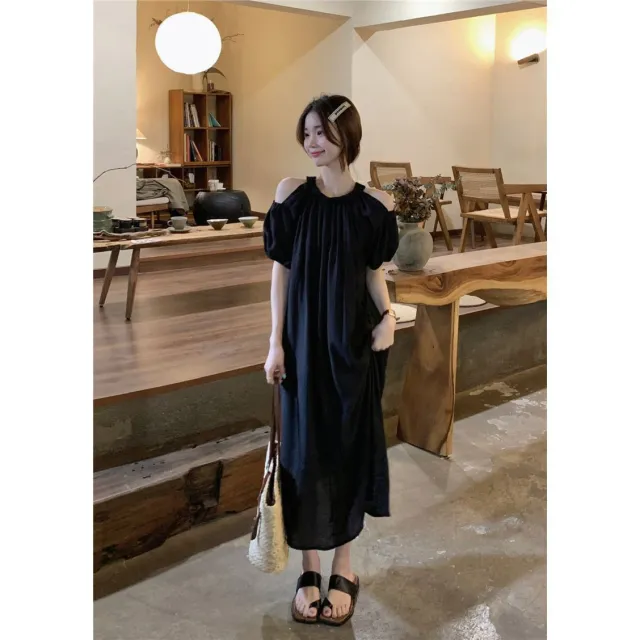 Autumn Loose Slimming Puff Sleeve Chiffon Dress Black - Shop at LoveMi