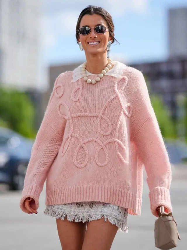 Solid Color Wool Irregular Embroidered Warm Long Sleeves Sweater Pink - Shop at LoveMi