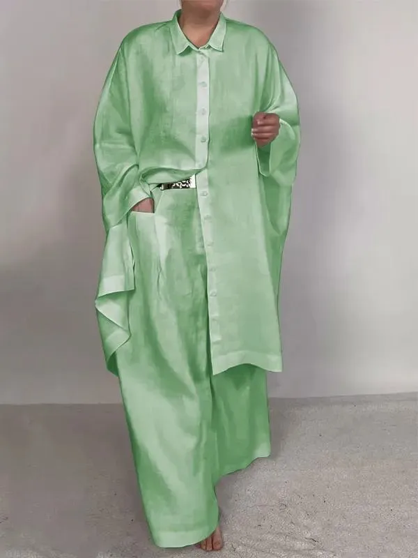 Casual Loose Solid Color Shirt Outfit Wide Leg Pants Two piece Set Green - Shop at LoveMi