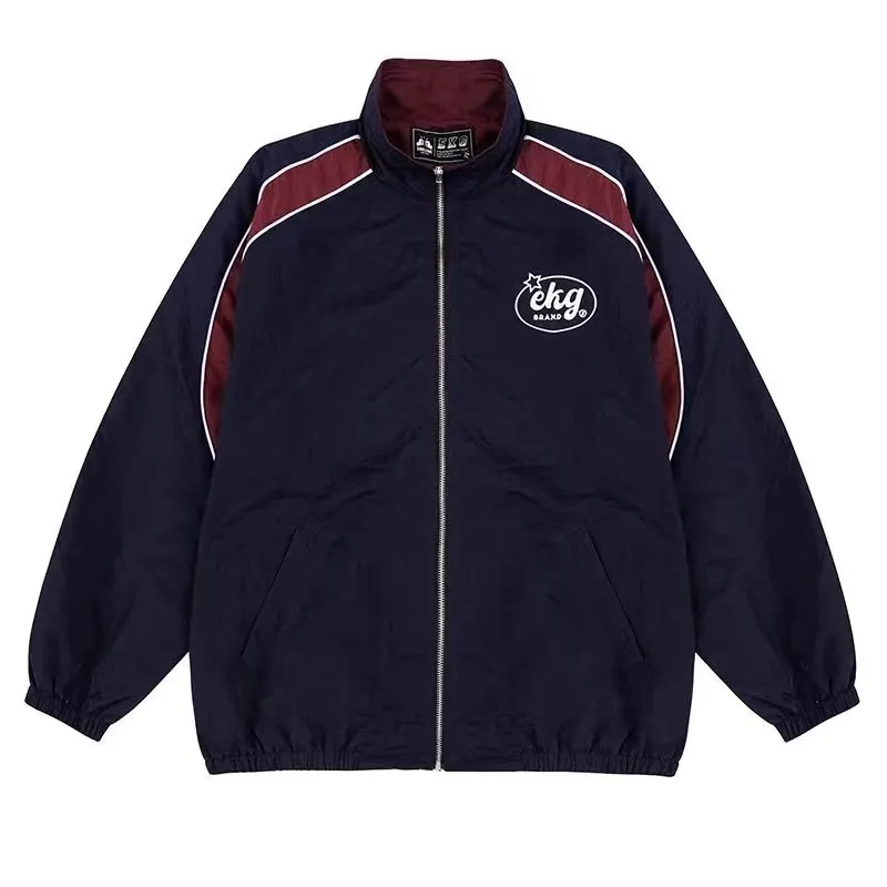 Men's And Women's Fashion Retro Stand Collar Sports Jacket - Navy